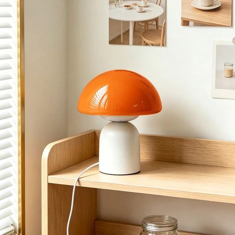 Lampe de Table en Verre en Forme de Champignon, Design Italien Minimaliste, 3 Couleurs de Lumière, USB, Chambre et Bureau, Blanc et Orange (1/3)