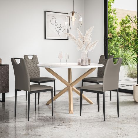 Malvern Round Dining Table And Chairs - Marble Table Top w Solid Oak Legs + Monza Faux Leather Dining Chair Set Of 4 (Grey) (1/5)