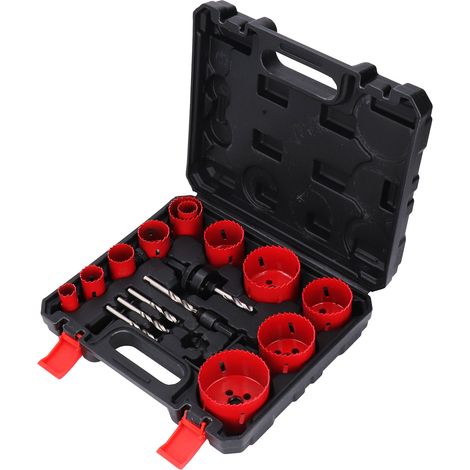 Kit de scies cloches bimétalliques, 18 pièces, acier rapide, forets de 19 à 68 mm (3/4 à 2-11/16 po) pour métaux tendres, bois, PVC et plaques de plastique (rouge). (1/5)
