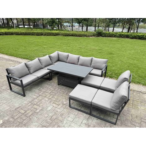 Fimous 10 Pieces Aluminium Garden Furniture Set with Cushions, Patio Furniture Set with Adjustable Rising Lifting Dining Table 2 Big Footstools Dark Grey (1/5)