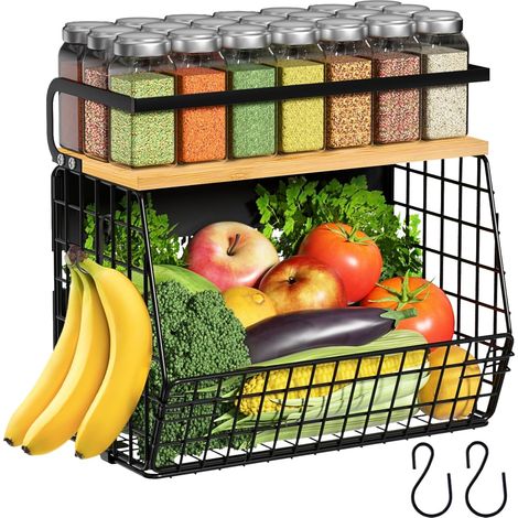 Étagère de rangement magnétique réfrigérateur avec couvercle bois – Panier métal fruits, oignons, pommes de terre – Étagère épices (1/5)