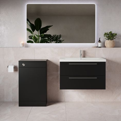Napoli 390 Matt Black 1300mm Wall Mounted 2 Drawer Vanity Unit and Toilet Suite with Glide Basin - 1300mm - Chrome 480mm HandleWithout Kingston Toilet Pan