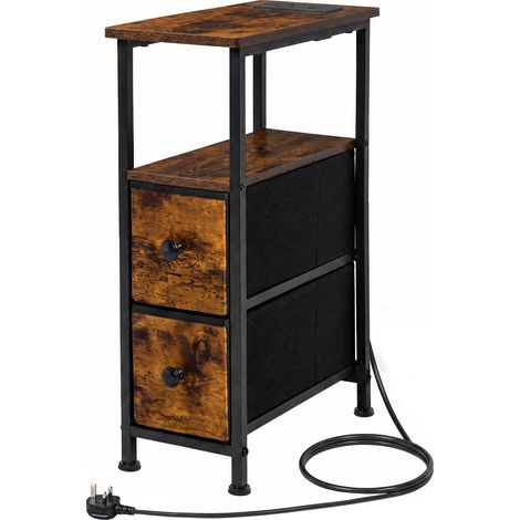 Levede Bedside Table Narrow Side Table with LED Charging Station Storage Brown (1/5)