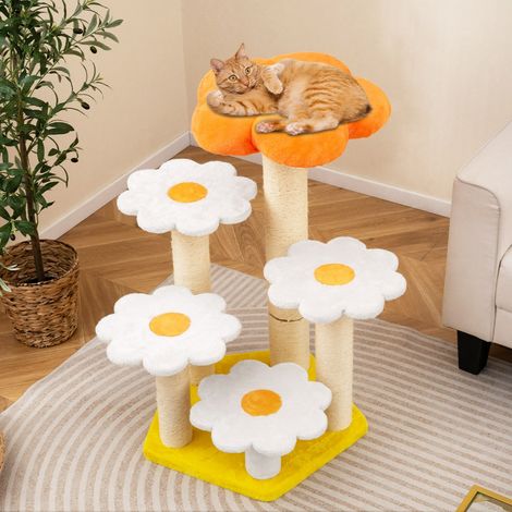 Arbre à Chat Fleur Mignon pour Chats d'Intérieur avec Perchoir en Peluche Confortable Poteaux à Gratter en Sisal Plates-formes de Saut Jaune (1/3)