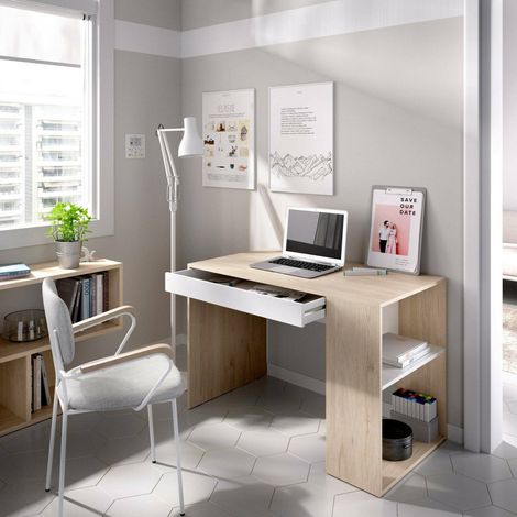 Dmora - Escritorio Grigna, Escritorio multiusos para oficina o dormitorio, Mesa de estudio Lineal con baldas, 115x50h74 cm, Roble y Blanco (1/5)