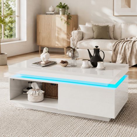 Mobile TV bianco lucido con LED, set 2 pezzi con tavolino OKMYHOME (1/5)