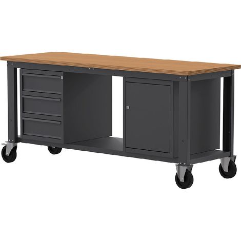 Banco lavoro con ruote SOGI X3N122LR - 2 m - piano in legno - 3 cassetti + armadio con anta (1/4)