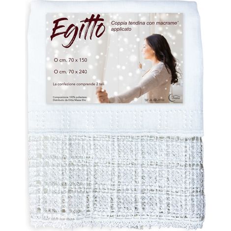 COPPIA tendina a vetro EGITTO con PIZZO macramè bianco COPPIA (2 TELI) CM. 70X240