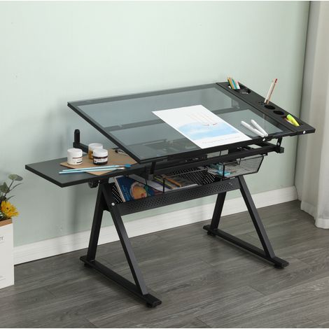 Mesa de dibujo regulable 98x60x69-91 cm de vidrio templado negro con taburete (1/5)