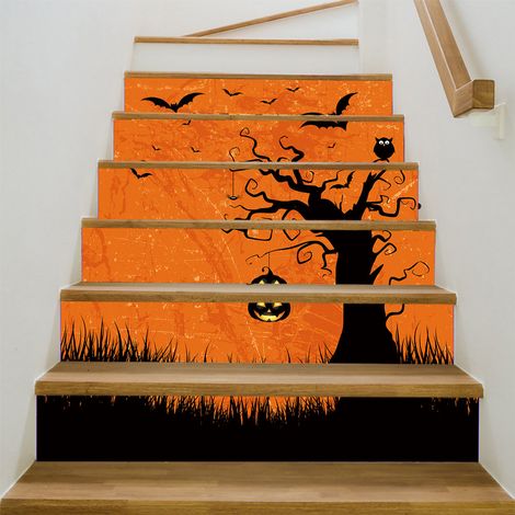 Autocollant décoratif amovible en PVC pour escalier - Arbre à citrouilles d'Halloween - Amovible - Décoration d'escalier - Lot de 6 (18 x 100 cm) (1/5)