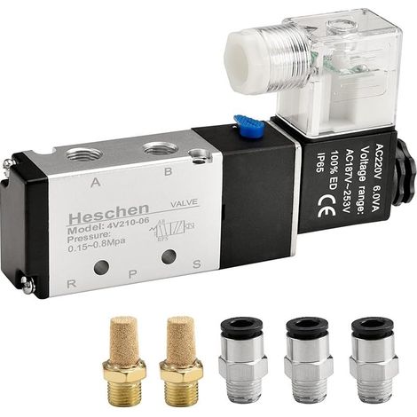 Electrovanne pneumatique électrique 4V210-06 220VAC PT1/8 5 voies 2 positions simple bobine pilotée électrique CE avec raccords et silencieux