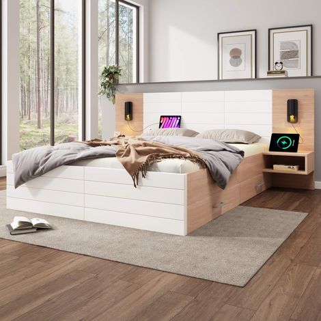 Lit double 180 x 200 cm en bois chêne et blanc avec tête lumineuse usb, 2 tiroirs et 2 tables de chevet, sans matelas (1/5)