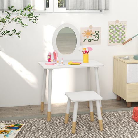 Tocador de Maquillaje para Niñas de +3 Años Tocador Infantil con Taburete y Espejo Diseño Sencillo Blanco (1/5)