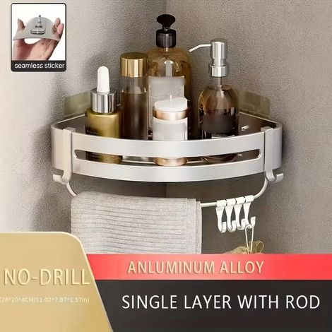 (1 Silver Triangle HR) 1 étagère de rangement murale d'angle en aluminium sans perçage pour salle de bain - Idéale pour ranger shampoing, gel douche et autres produits cosmétiques. (1/5)