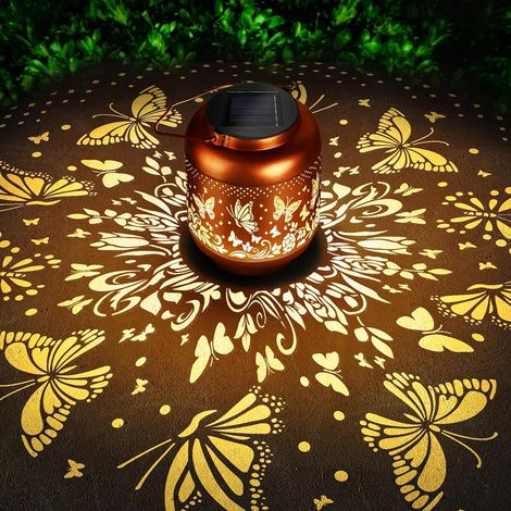 2 X Lanterne solaire d'extérieur étanche, luminaire creux en fer forgé étanche, éclairage de jardin, lumière chaude - motif papillon (1/5)