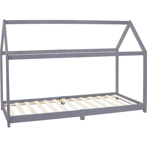 ML-Design Kinderbett 90x200 cm mit Dach und Lattenrost, Hellgrau, Hausbett für Mädchen und Jungen, Kinderhaus aus massivem Kiefernholz, Bodenbett Jugendbett, Kinder Bett Bettenhaus Spielbett Holzbett