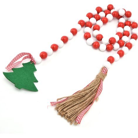Guirlande de perles en bois, pompon pour sapin de Noël, décorations en perles de bois pour la maison et les fêtes (rouge et blanc) (1/5)