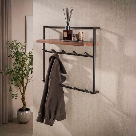Portemanteau 10 crochets + 1 étagère 85x25x75 cm en acacia et métal (1/4)
