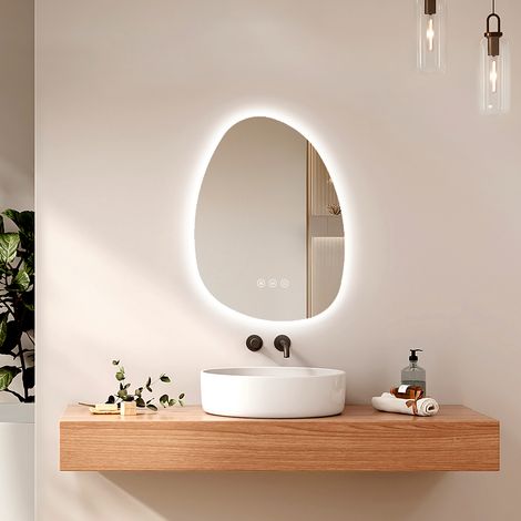 EMKE LED-Badspiegel asymmetrisch 55×75 cm Wandspiegel mit Antibeschlag, 3 Lichtfarben, dimmbar, Touch-Steuerung