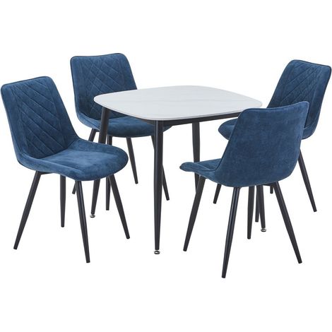 Aspen Gloss White Sintered Stone Square Table & 4 Blue Cord Fabric Chair Set - Metal - L54 x W53.5 x H85.5 cm