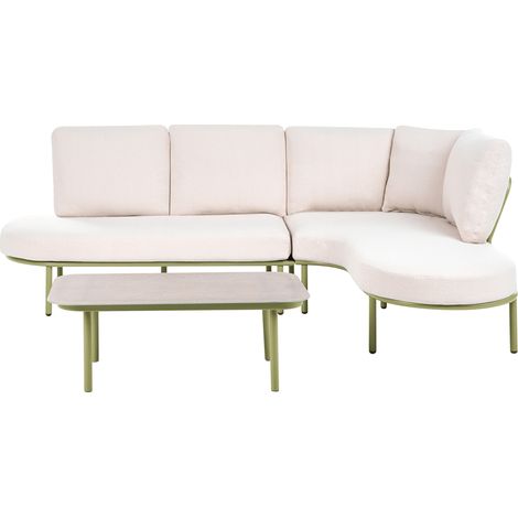 Sofá de exterior con mesa de centro 4 plazas estructura de aluminio ovalado tablero de metal verde cojines beige claro Pollina (1/5)