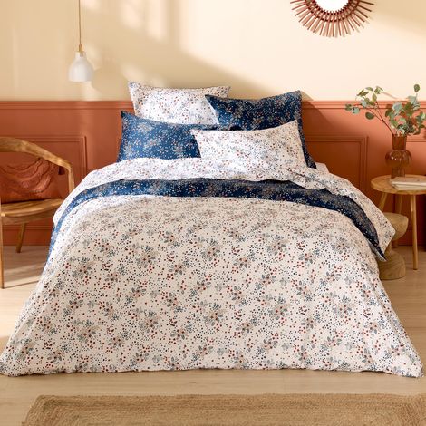 Housse de couette satin de coton 110 fils motif floral Bleu Marine 140x200 cm