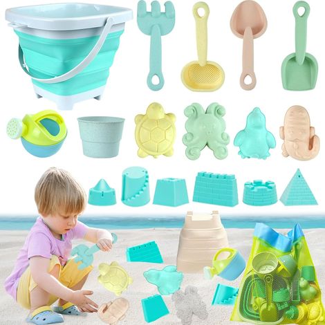 Jouet de Plage Enfant,Kit de Jeu de Plage Enfant avec Seau Pliable Enfants,18 pièces Jouet de Sable,avec Sac en Filet,Roue À Eau, Pelle Râteaux Moules à Sable Jouets de Plage pour Enfants (1/5)
