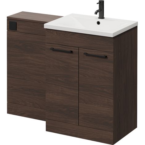 Napoli 460 Brown Oak 1100mm 2 Door Vanity Unit Toilet Suite with Glide Basin - 1100mm - Matt Black 160mm HandleWithout Kingston Toilet Pan