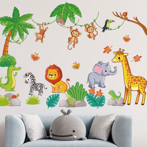 Stickers Muraux Animaux, Autocollants muraux Cartoon Animal de forêt tropicale humide, Autocollants Muraux Enfant, Mural Stickers Singe Girafe, pour Chambre Enfants Bébé Pépinière (1/5)