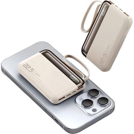 Batterie externe 10 000 mAh avec charge rapide 22,5 W, 4 câbles intégrés, compatible avec la charge simultanée de 6 appareils - Blanc (1/5)