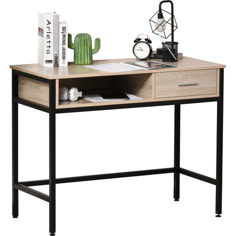 Bureau industriel ordinateur avec tiroir châssis métal noir plateau bois chêne clair, table de rangement (1/5)