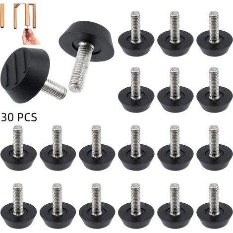 Set mit 30 M6-Schraubfüßen zum Verstellen der Sitzhöhe für Möbel – Verstellbare Füße – Geeignet für Gartenstühle, Tische, Schränke und Barhocker – M6 × 23 × 27 mm – Schwarz (1/5)