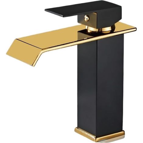 Robinet de cuisine Robinet d'évier de lavabo cascade, robinet cascade or et noir, robinet de salle de bains en laiton, robinets de lavabo montés sur le pont(Black And Gold Short) (1/5)