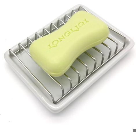 Porte-savon céramique auto-drainant avec plateau inox – idéal pour salle de bain et cuisine (1/5)
