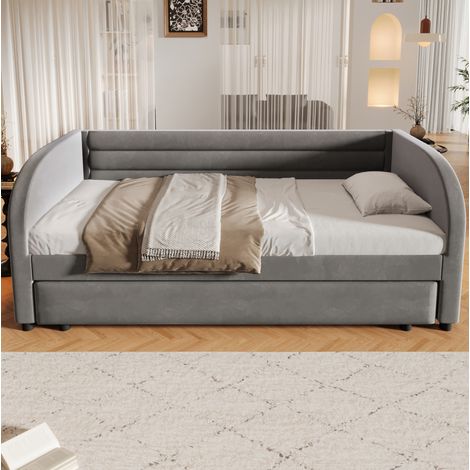 Lit plateforme 90x200 cm avec lit gigogne coulissant et éclairage LED, gris, REDOM (1/5)