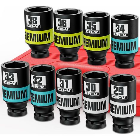 Jeu de 9 Douille a Choc 1/2", 29-38 mm Lot de Douilles Profondes, pour Réparation de Voiture et Maintenance Industrielle (1/5)