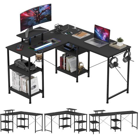 Bureau Gamer en L Professionnel avec 4 Étagères & Support Écran - Panneau de Particules Renforcé (130x130x75cm), 3 Configurations de Montage & Gain de Place Maximal - Design Moderne Adapté à Tous Espa (1/5)