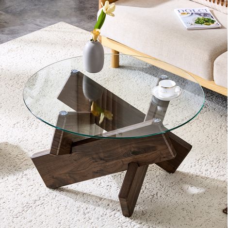 Mesa de centro redonda (79x79x45 cm), superficie de vidrio de 0,8 cm, base en cruz, MDF y vidrio, transparente y nogal (1/5)