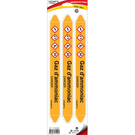 Planche de 3 marqueurs de tuyauterie 355 x 37 mm pour Ø 50 à 70 mm - Gaz d'ammoniac - 4711027