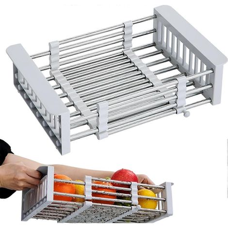 Égouttoir extensible télescopique en acier inoxydable panier réglable pour évier petit modèle gris pour légumes (1/5)