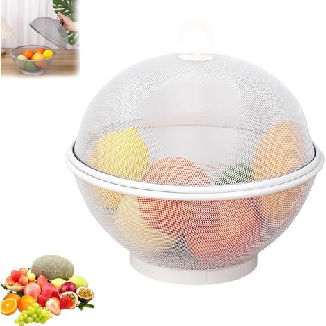 Corbeille de fruits avec filet anti-mouches - Métal avec couvercle - Moustiquaire intégrée - Stockage moderne - 28x25 cm - blanc (1/5)