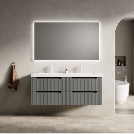 Meuble vasque suspendu 120 cm avec 2 vasques intégrées, 4 tiroirs, gris foncé (1/5)