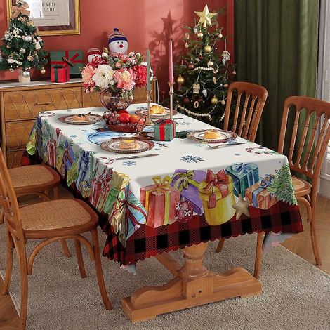 Décoration de table de Noël : bonhomme de neige, flocons de neige, famille. Nappe imprimée imperméable et résistante à l'huile, 150 x 180 cm, 400 g.