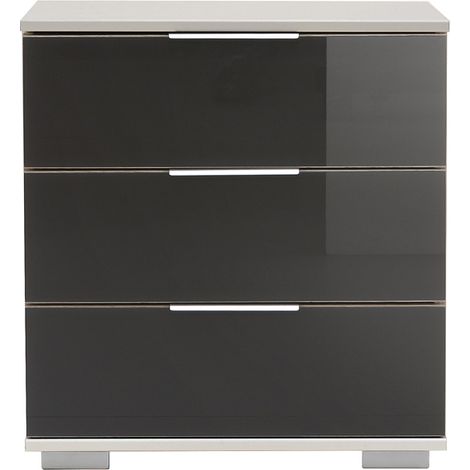 Schlafzimmer Nachttisch Nachtschrank, auch für Boxspringbett geeignet, in weiß mit grauem Glas ELSTRA-43, B/H/T ca. 52/58/38 cm