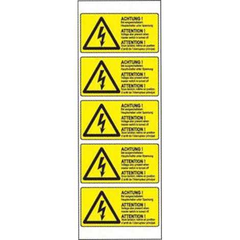 Warn-Kombischild Bei ausgeschaltetem Hauptschalter unter Spannung Folie selbstklebend (B x H) 52 mm