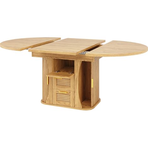 Table à manger extensible avec rangement en rotin, 118–158 cm, MDF imitation bois, noir/naturel/marron (1/5)