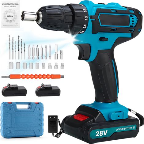 Perceuse électrique sans fil, BRILLSTEN, Visseuse Devisseuse sans fil 28V vec 2 Batteries, 25+1 Réglages de Couple, 2 Vitesses, 23 Accessoires et Valise, pour Bricolage à Domicile