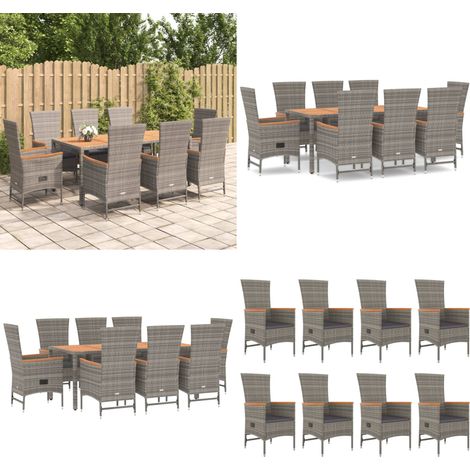 9-tlg. Garten-Essgruppe mit Kissen Grau Poly Rattan - Gartenessgruppe - Rattan (1/5)