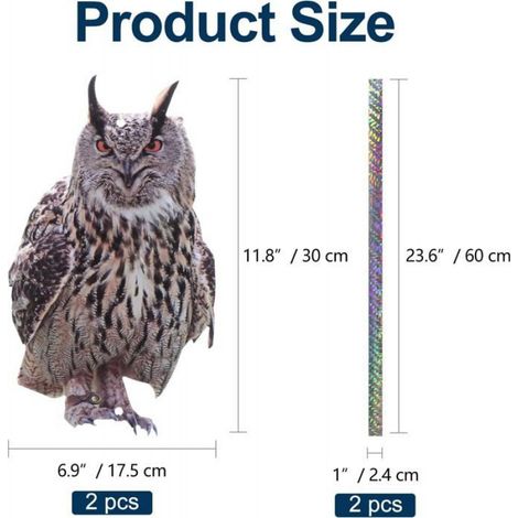 2 x Répulsif à oiseaux, Hibou décoratif avec bande réfléchissante, Spinner visuel pour balcon, cour et porche (1/4)