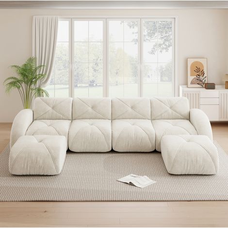 Canapé modulable 4 places beige clair en chenille avec 2 poufs (1/5)